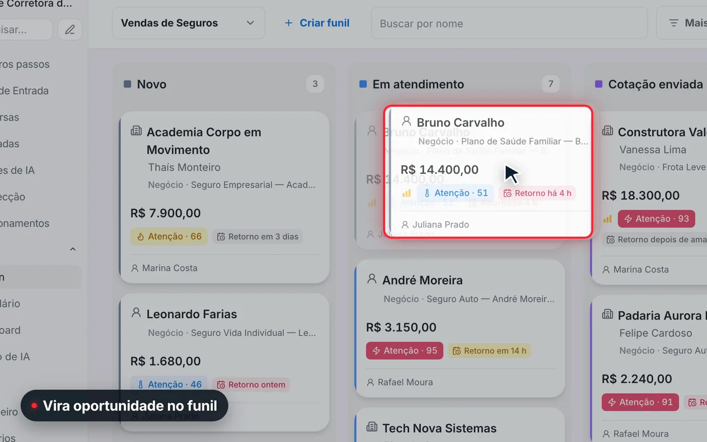 Tela do Chat2You com o funil de vendas e o Guia da Plataforma